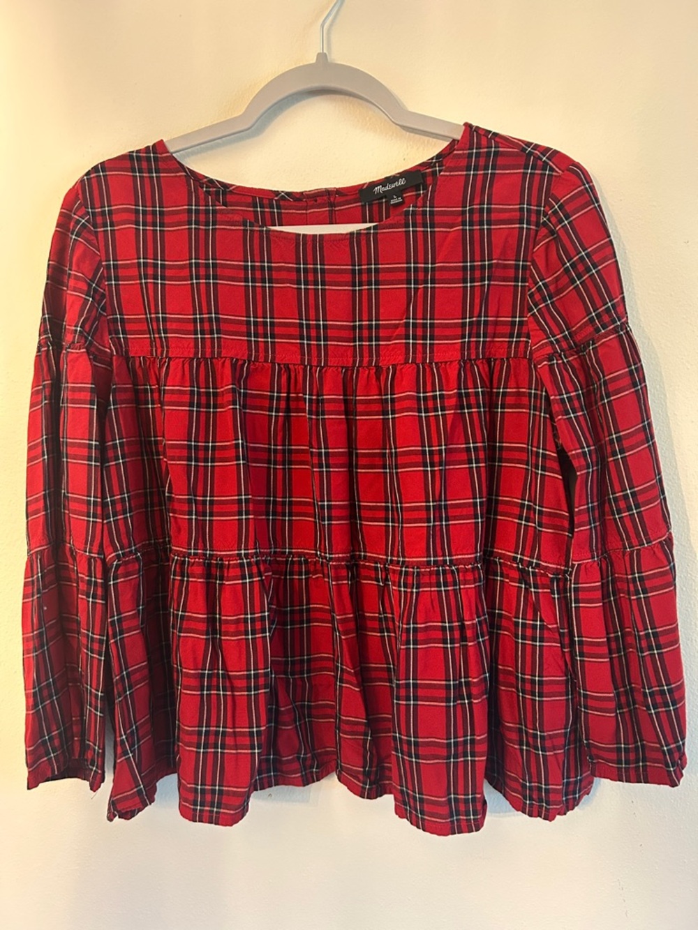 Madewell Red Plaid Tiered Peasant Top